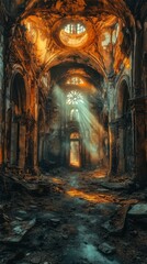 Naklejka premium Sunlit Ruins of a Burned Church: A Timeless Architectural Tragedy