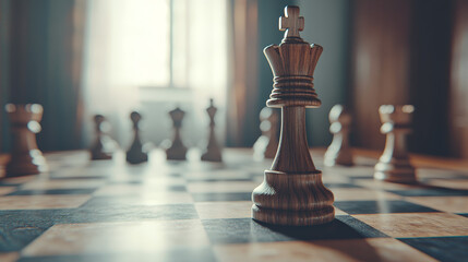 Wooden chess king on board with blurred pieces in background