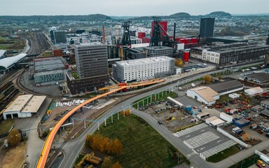 Aerial drone view of the 1.2km long cycling bridge inaugurated in 2022, the longest in Europe and Belval district