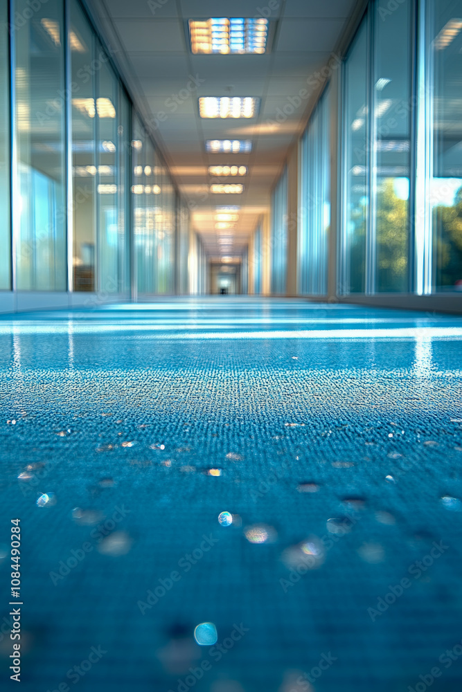 Poster a long corridor featuring a vivid blue carpet and expansive windows that allow natural light to fill