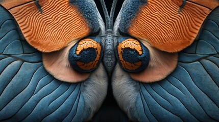 Close-up of a butterfly or moth with vibrant orange and blue textured wings and intricate patterns.