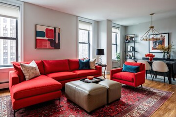Vibrant Red Sectional Sofa and Armchair in Modern Urban Apartment Living Room with Chic Decor