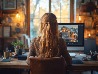 Woman Working from Home, Cozy Home Office, Freelance Work