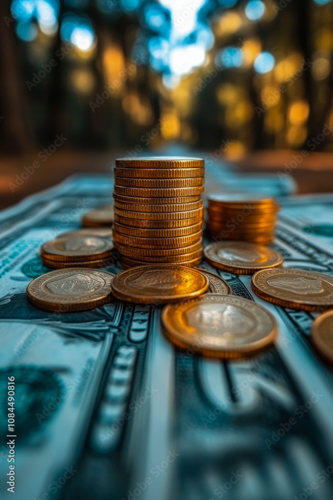 Aufkleber a neat stack of coins atop dollar bills is set against a blurred tree backdrop, creating a calm fina