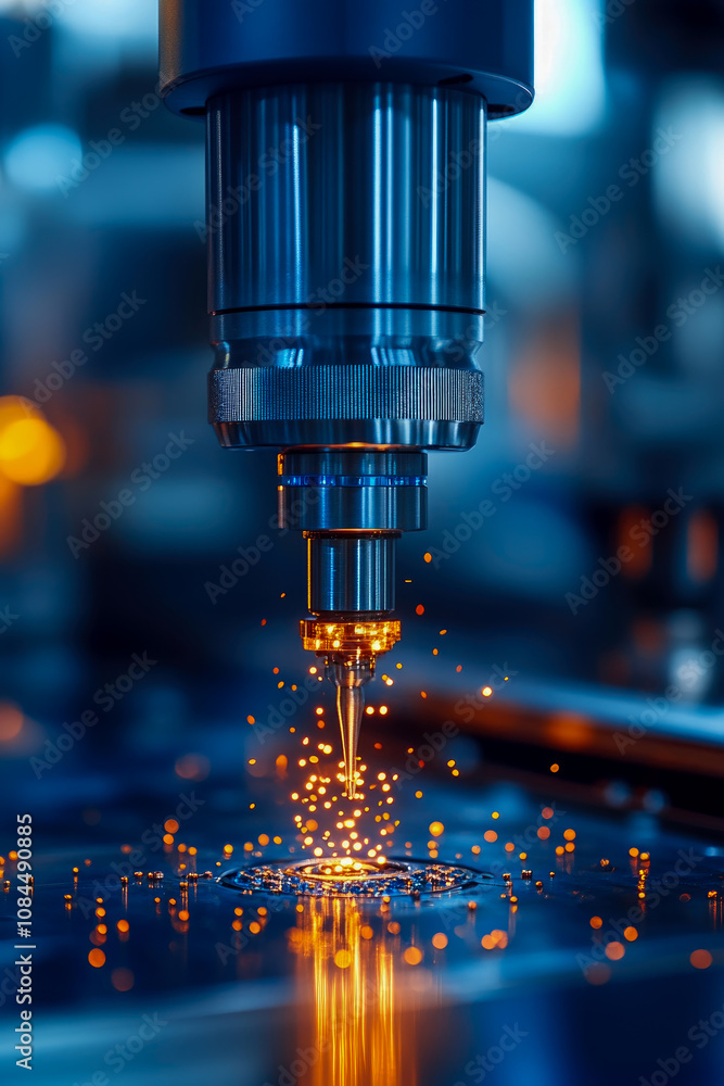 Aufkleber a high-tech laser cutter operates in a workshop, creating sparks as it precisely cuts through metal,