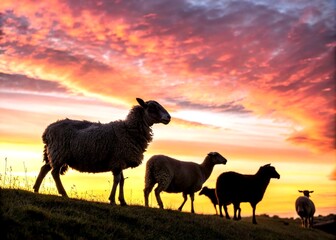 Fototapeta premium Panoramic Silhouettes of Various Sheep Breeds Against a Sunset Background, Capturing the Essence of Pastoral Life in Stunning Detail for Nature Lovers and Farming Enthusiasts