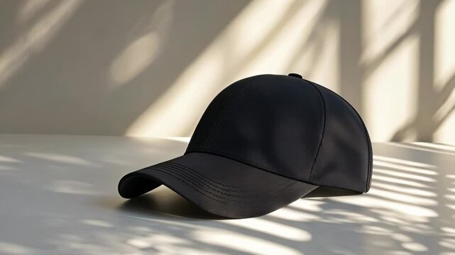 A plain black baseball cap sits on a neutral-colored surface
