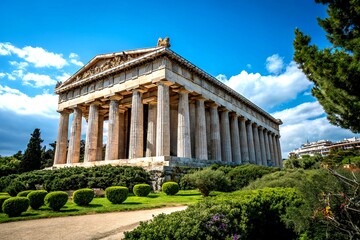 Obraz premium Panoramic View of an Ancient Greek Temple Surrounded by Lush Landscape and Clear Skies, Capturing the Architectural Grandeur and Historical Essence of Classical Antiquity