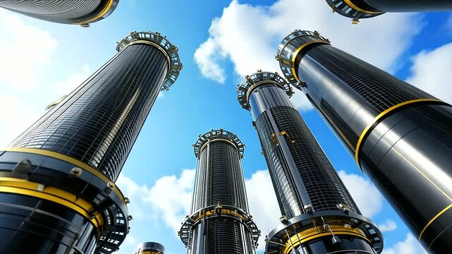 Detailed view of CO capture units attached to industrial chimneys, showing the transformation of carbon emissions as they are channeled through advanced filters and redirected und