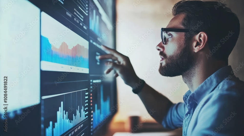 Poster business analysts discussing data on an interactive screen in a modern office setting, focused and e