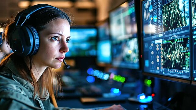 Inside a high-tech military operations center, a woman officer in uniform, wearing headphones, expertly manages a control panel displaying live feeds of joint exercises across mult