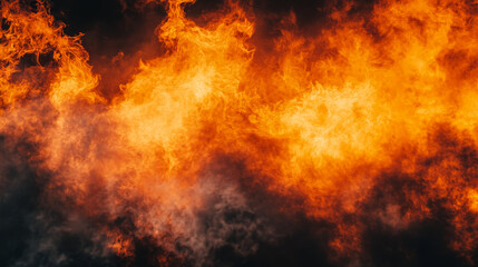 Fiery orange flames with smoke on dark background