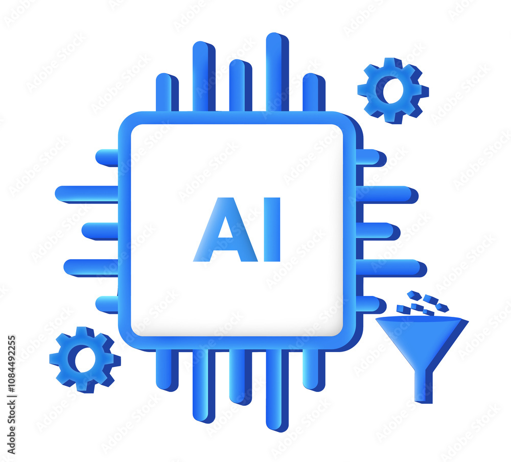 Poster 3d rendered artificial intelligence and machine learning chip design with blue shapes on a transpare