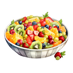 A vibrant fruit salad brimming with kiwi, strawberries, oranges, and berries in a bowl.