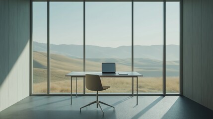Minimalist Office Desk with Laptop Overlooking Scenic Landscape