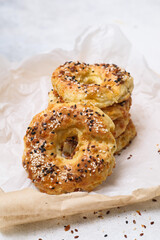 Homemade bagels with sesame, poppy, cottage cheese, cheese. Healthy food.
