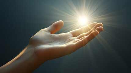 Open hand holding glowing light in serene atmosphere, ancient wisdom manifesting as pure light, spiritual awakening 