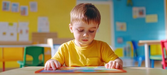 Toddler Concentrated on Puzzle in Bright Classroom