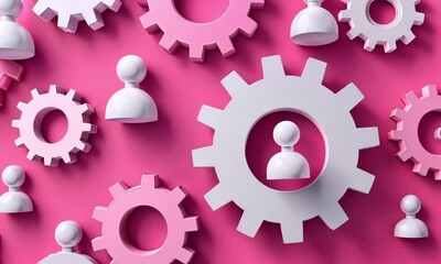 Pink and white gears interlinked with human figures video animation, ai generated. Cog wheels animated footage HD clip seamless motion graphics. Partnership. Teamwork, social networking concept