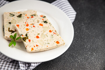 fish terrine and sea scallops san jacques seafood fresh tasty food dish delicious gourmet food background on the table rustic food top view copy space keto and paleo diet pescetarianism diet