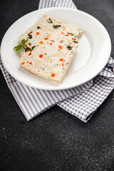 fish terrine and sea scallops san jacques seafood fresh tasty food dish delicious gourmet food background on the table rustic food top view copy space keto and paleo diet pescetarianism diet