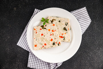 fish terrine and sea scallops san jacques seafood fresh tasty food dish delicious gourmet food background on the table rustic food top view copy space keto and paleo diet pescetarianism diet