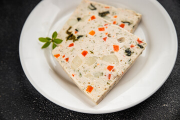 fish terrine and sea scallops san jacques seafood fresh tasty food dish delicious gourmet food background on the table rustic food top view copy space keto and paleo diet pescetarianism diet