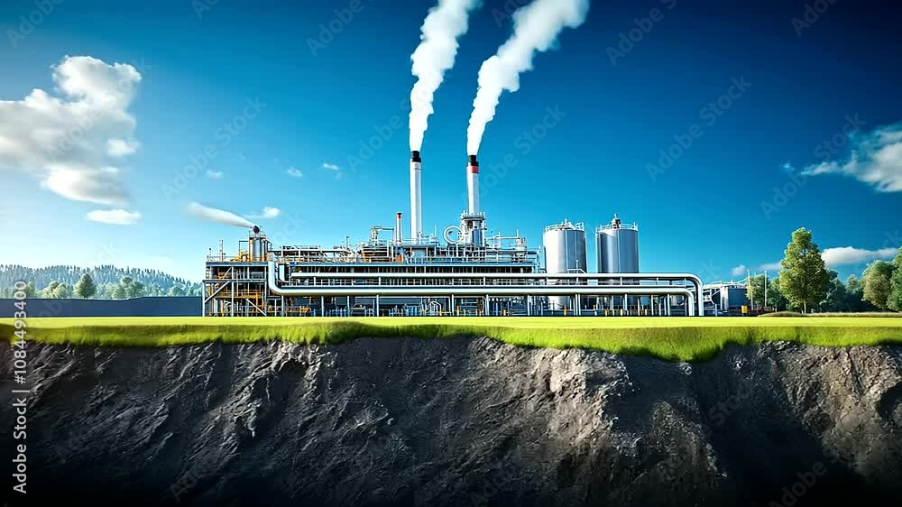 Poster the inside of a carbon capture plant, showing a cross-section of the machinery converting emissions 