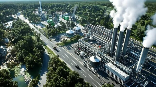 An aerial view of a refinery equipped with futuristic carbon capture units, showing emissions being drawn into a complex system of underground storage tunnels, symbolizing CCUS as