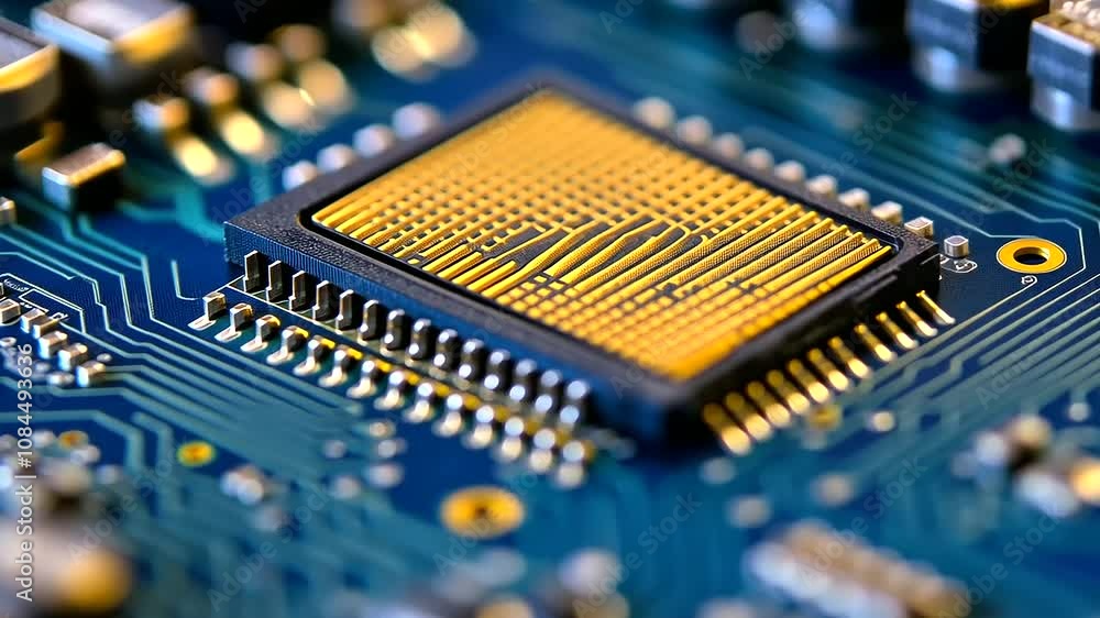 Poster a close-up of a semiconductor chip with its delicate gold connections resting on a blue circuit boar
