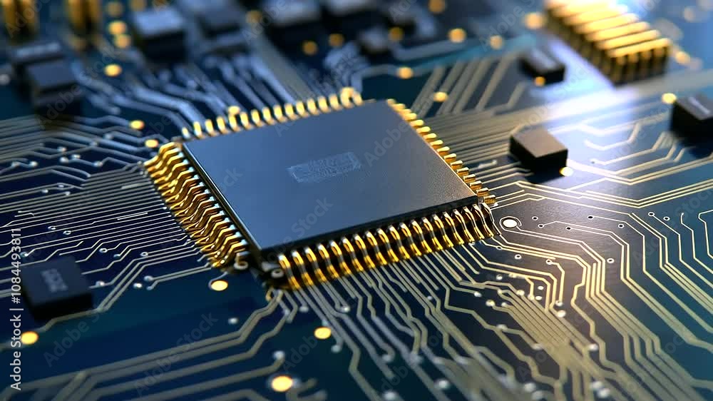 Poster a close-up view of a microchip with metallic pins delicately connected to gold-traced circuit lines 