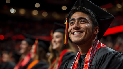 Fototapeta premium Students dressed in caps and gowns celebrate their graduation in a packed auditorium, smiling and enjoying this significant milestone together