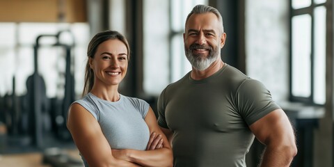 A man and a woman are posing for a picture in a gym. The man is wearing a green shirt and the woman is wearing a gray shirt. They both have smiles on their faces, indicating that they are happy