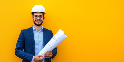 Progettista edile con sfondo uniforme e spazio per testo o messaggio.