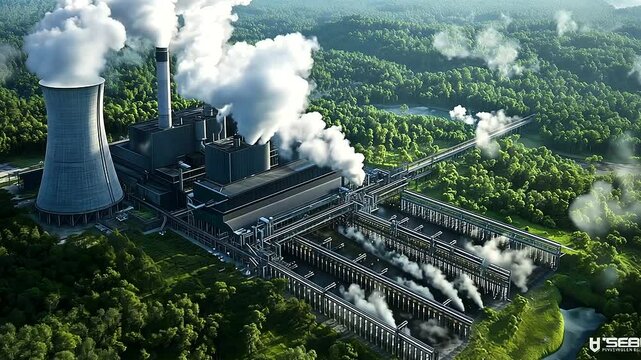 A coastal industrial complex utilizing CCUS technology, where carbon emissions from factories are captured, converted into alternative fuels, and the excess safely transported bene
