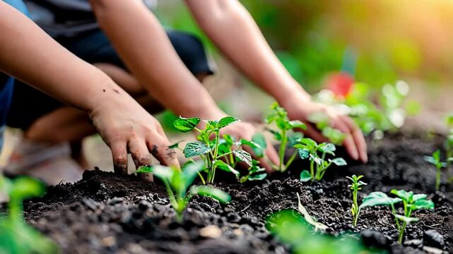 Close-up of children&rsquo;s hands gently planting green seedlings in fertile soil. Representing themes of environmental care, growth, and youth engagement.