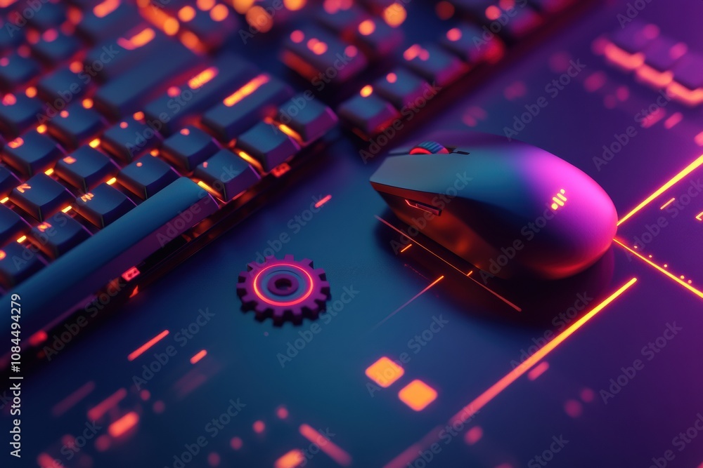 Poster a sleek keyboard is paired with a gaming mouse, featuring a gear overlay, all glowing with vibrant n