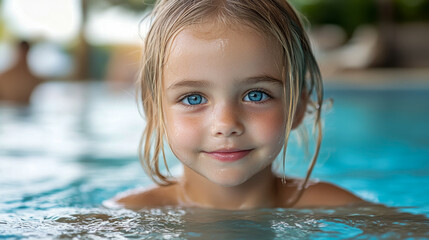 A cheerful young girl with sparkling blue eyes smiles while playing in a clear pool on a sunny day, enjoying the warm weather and summer vibes