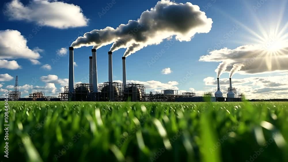Poster a digital rendering of an industrial complex with visible emissions being captured and converted int