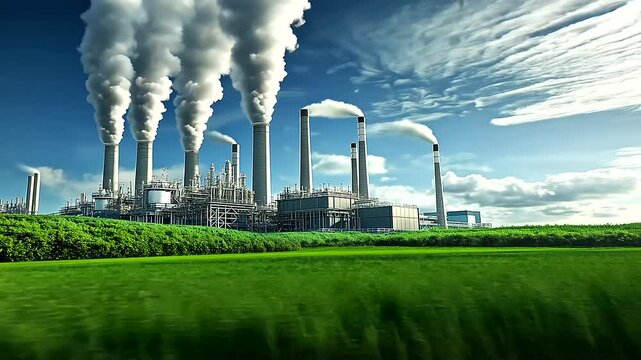 A futuristic carbon capture plant where emissions are drawn from industrial smokestacks into high-tech converters, with the visual transition of CO from gas to a safely stored und
