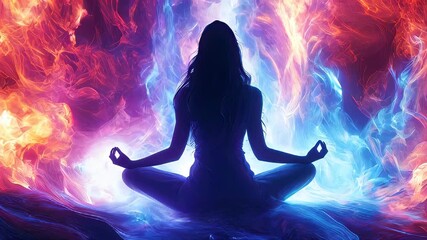 A Serene Moment of an Abstract Woman Meditating Amidst Vibrant Colors of Fire and Water