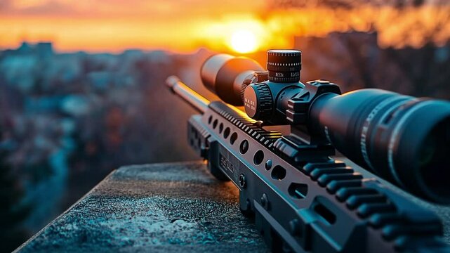 Tactical rifle with a scope, resting at sunset with a blurred city background. A portrayal of patience, focus, and calm in a tactical environment.