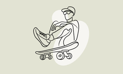 Young cool skateboarder skating in cap, continuous line art drawing isolated on green background with white shape. Extreme teenager sport. Vector illustration