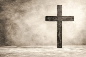 Naklejka premium A simple wooden cross standing upright against a textured beige background, symbolizing faith, spirituality, and religious devotion.