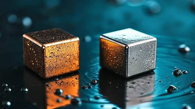 A pair of metal blocks with polished surfaces, one copper-toned and the other iron-gray, on a matte background, representing diverse magnetic properties of different metals and ore