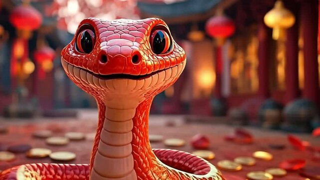 Smiling red snake in a vibrant setting with lanterns for Chinese New Year 2025. Concept of celebration, prosperity, and cultural symbolism in 3D animation style.
