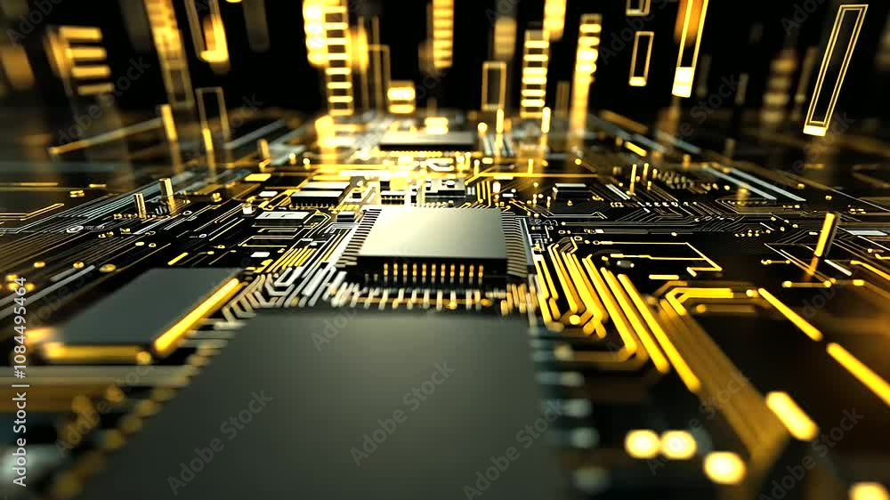 Poster a sleek semiconductor chip placed on a densely packed circuit board, its metallic surface glinting i