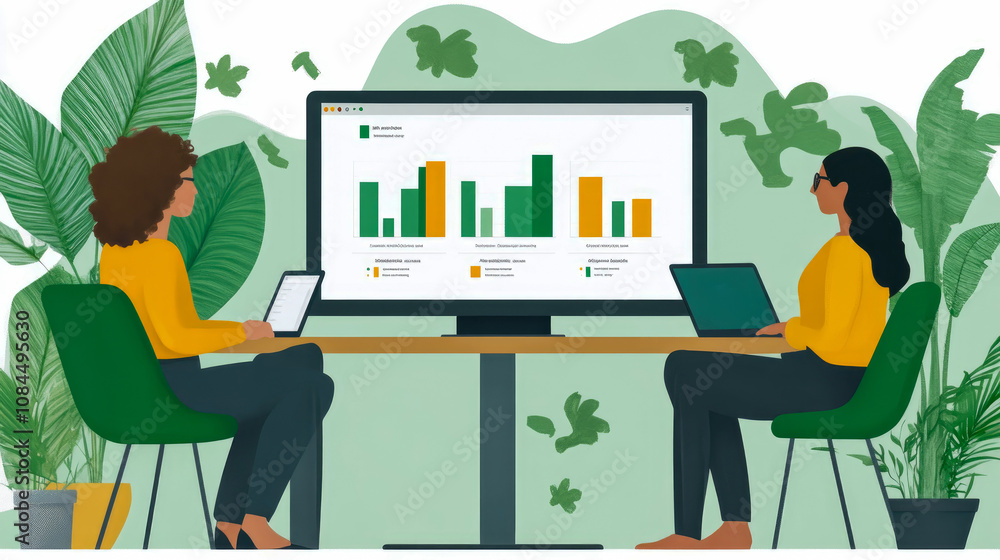 Poster two women engage in a collaborative work session, studying data visualizations on a large screen in 