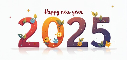 Festive illustration welcoming the new year 2025 with colorful numbers and cheerful characters surrounded by decorative elements