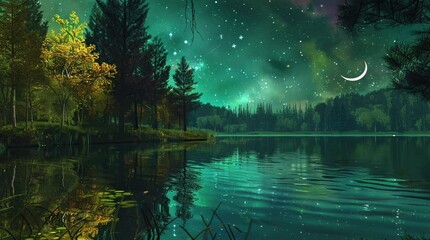 Tranquil lake by forest under starry sky with peaceful night reflections  
Seamless looping 4k time-lapse virtual video animation Generated AI
